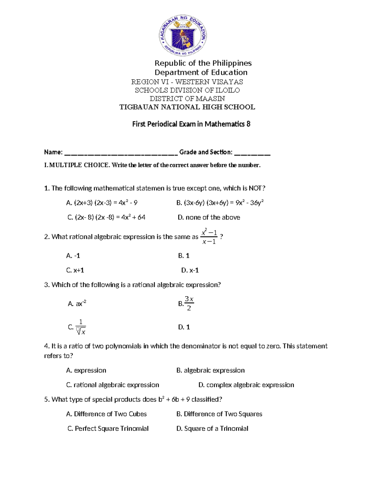 Mathematics 8 First Periodical Exam Review Guide - Studocu