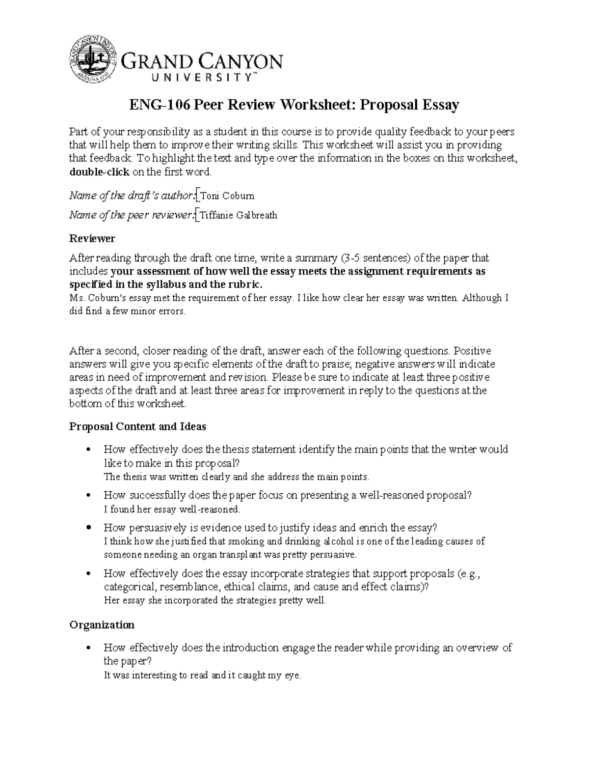 ENG106 Proposal Peer Review Worksheet - ENG-106 Peer Review Worksheet ...