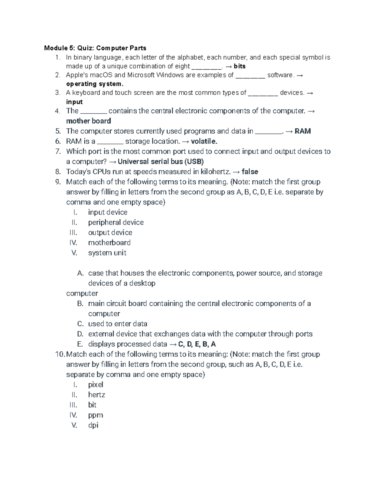 CSE 180: Module 5 Quiz on Computer Parts and Networking Concepts - Studocu