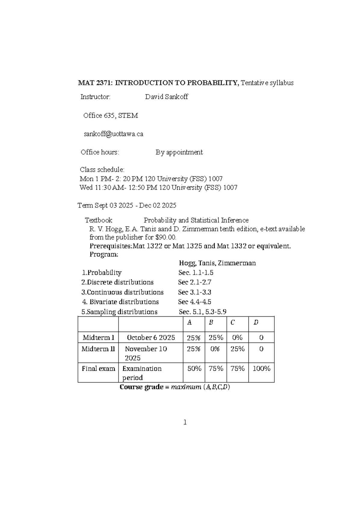 MAT 2371: Intro to Probability Syllabus - Fall 2025 - Studocu
