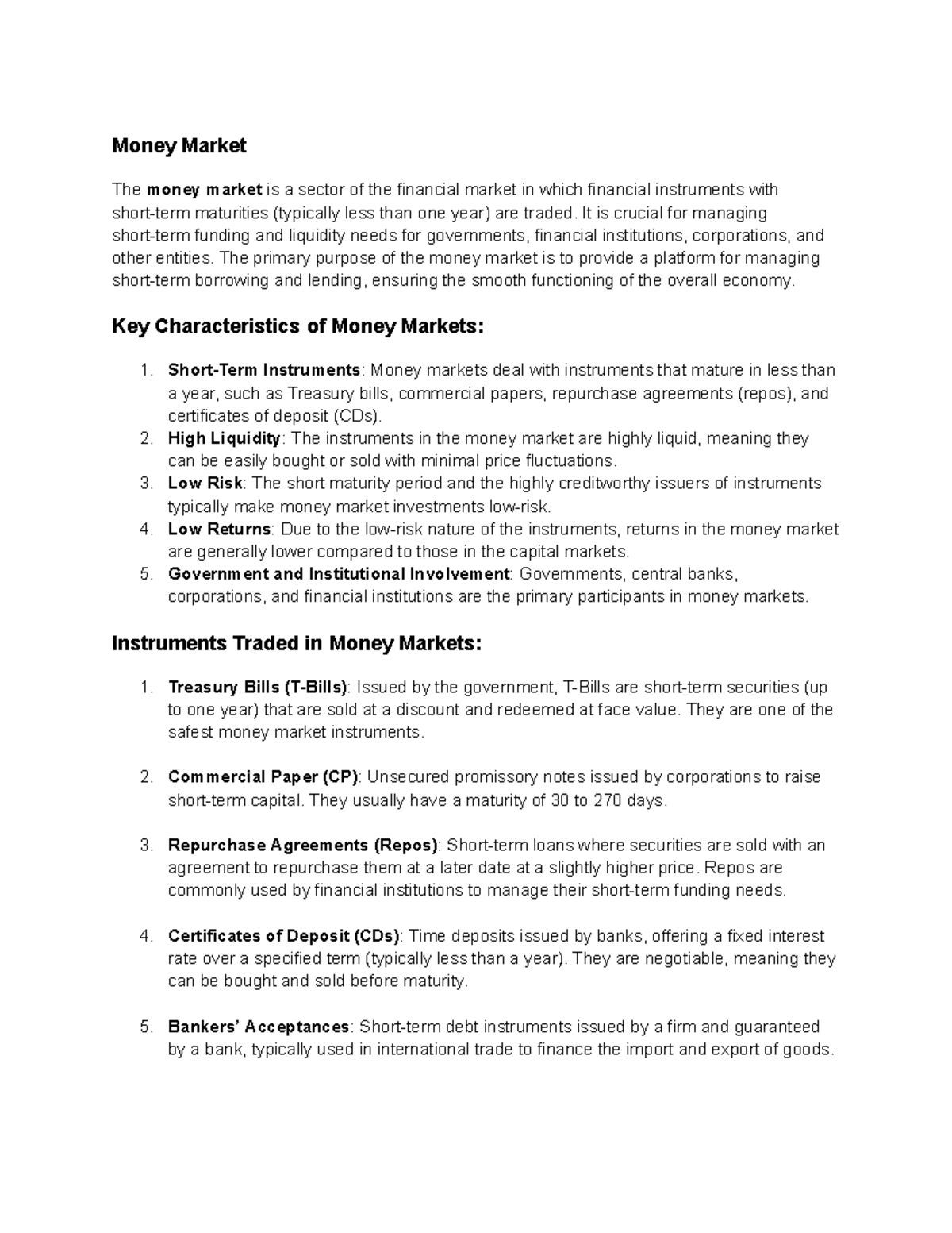 Unit 2: Money Market Overview and Key Instruments - Studocu