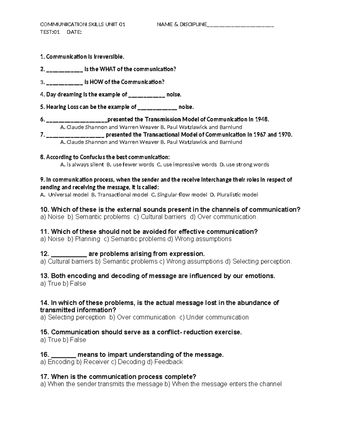 Communication Skills Test 01: Key Concepts and Models - Studocu