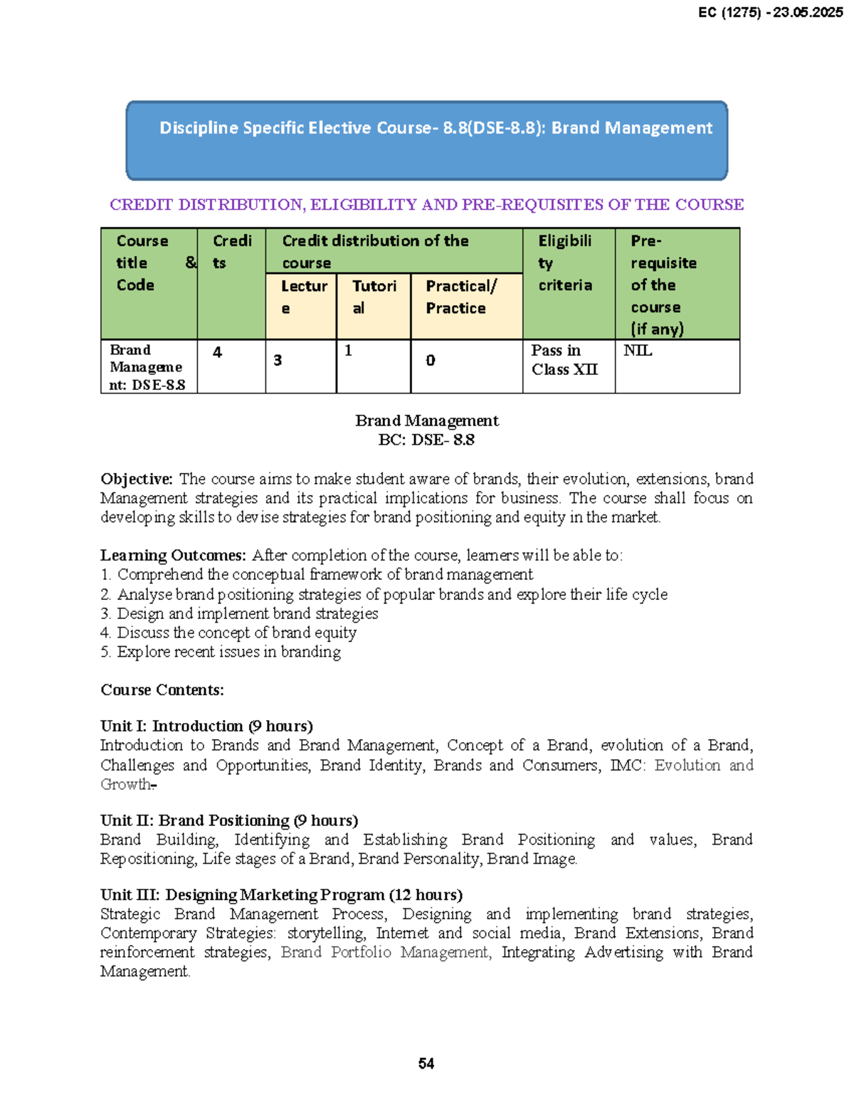 EC (1275) Brand Management - Syllabus & Course Details - Studocu
