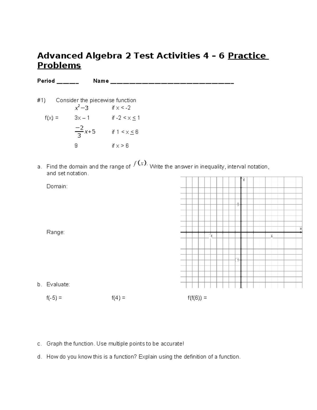 Advanced Algebra 2 T2 GT1 Study Guide: Piecewise Functions & Inverses ...