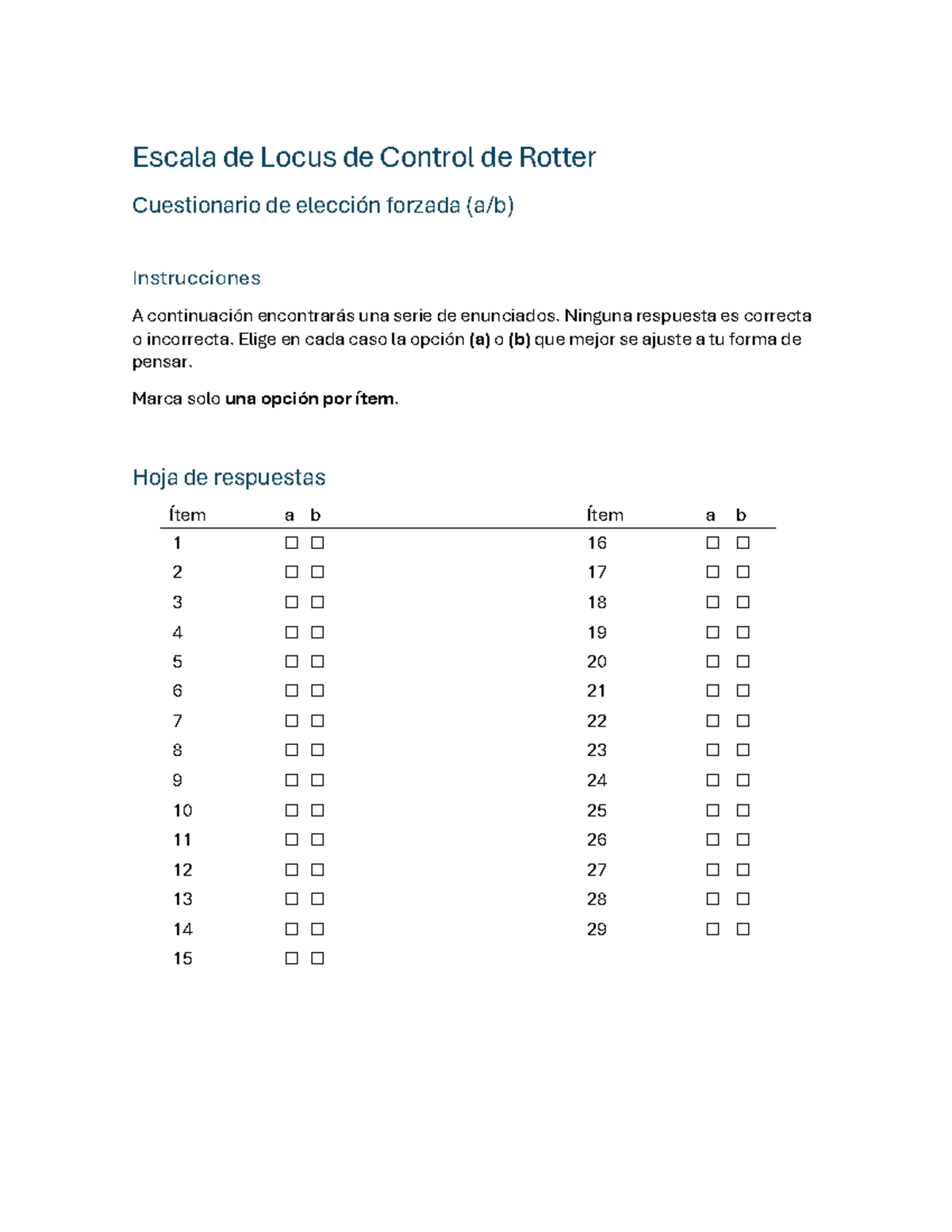Escala de Locus de Control de Rotter - Cuestionario Organizado - Studocu