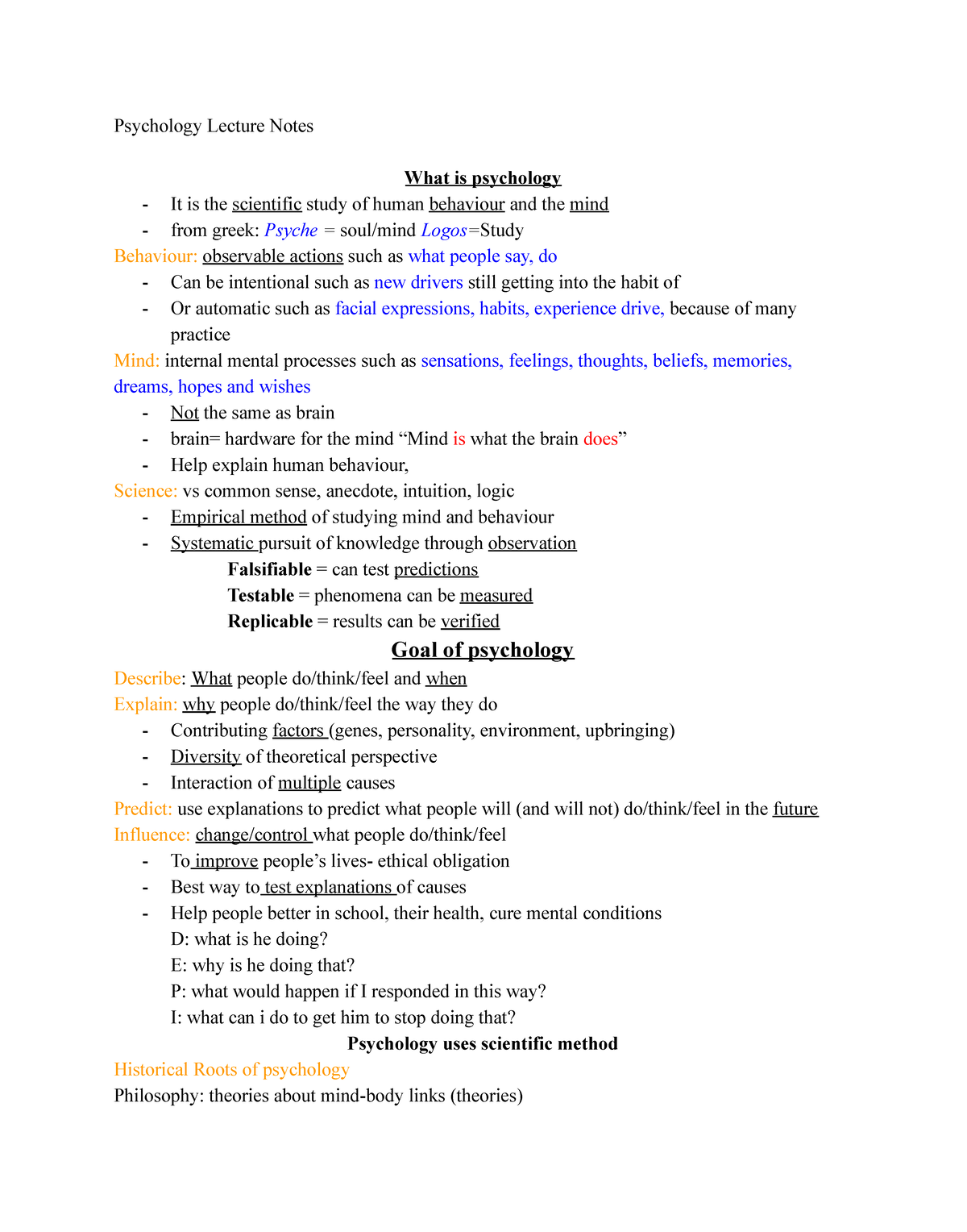 Psychology Lecture Notes - Understanding Behavior & Mind (PSY 101 ...