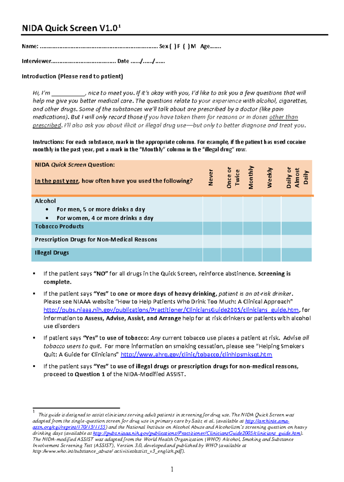 NIDA Quick Screen V1.0 - Patient Drug Use Assessment - Studocu