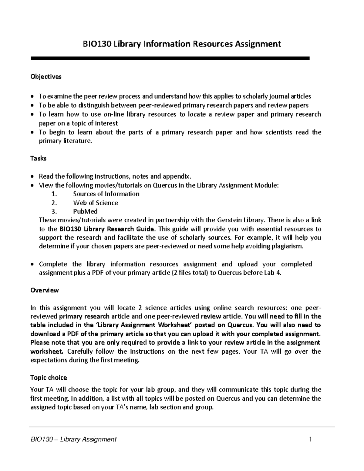 Library Assignment Instructions - BIO 130 Library Information Resources ...