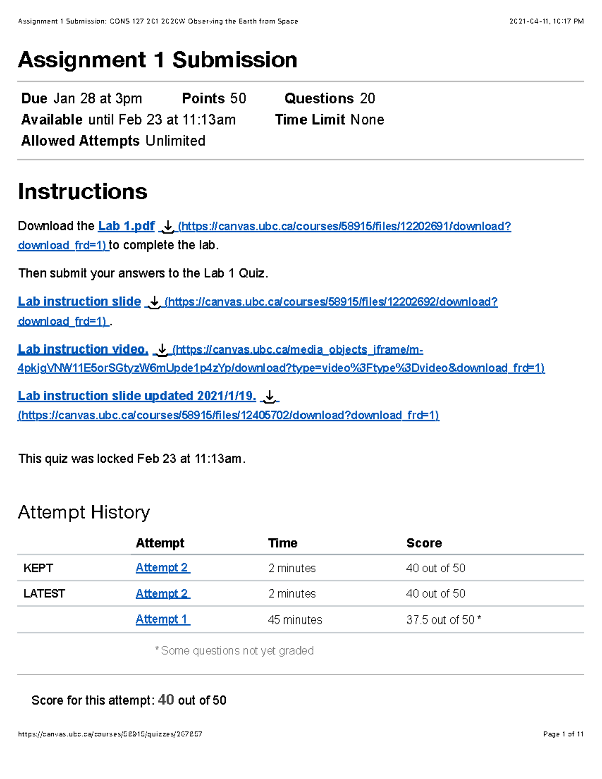 Assignment 1 Submission CONS 127 201 2020W: Earth Observation Quiz ...