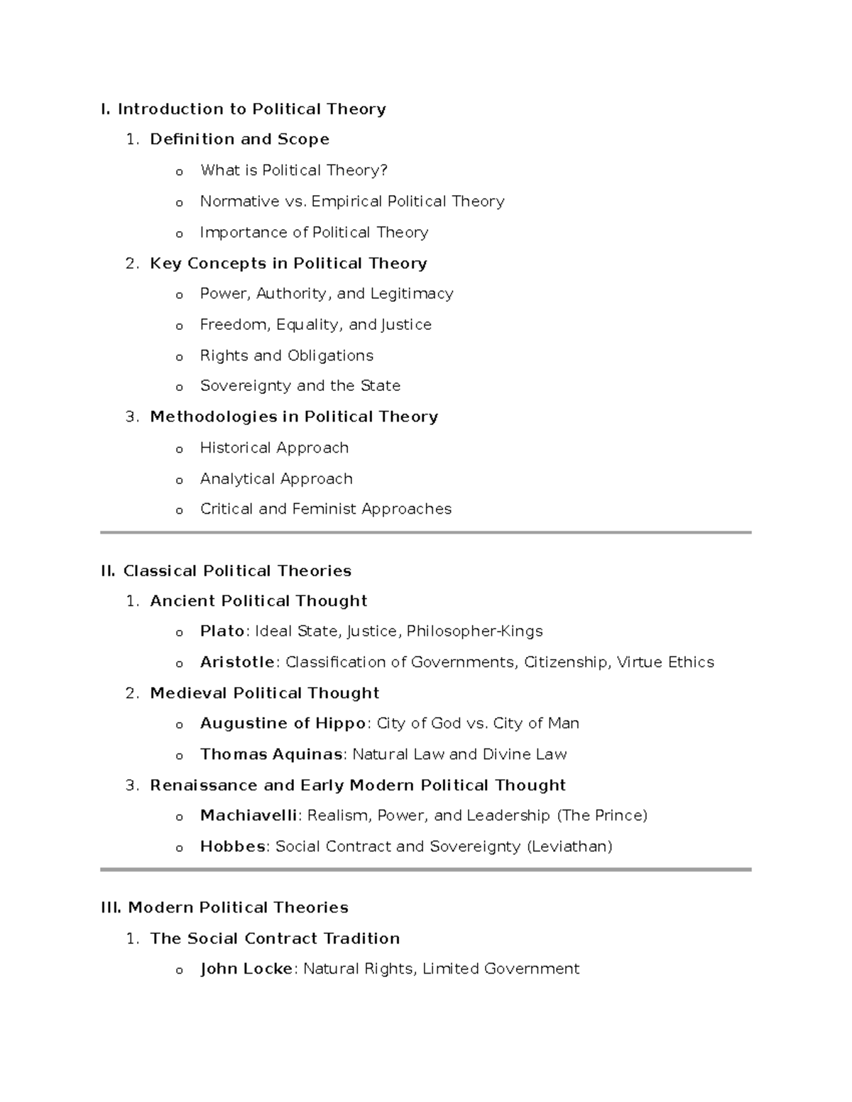 Outline for Political Theories - I. Introduction to Political Theory 1 ...