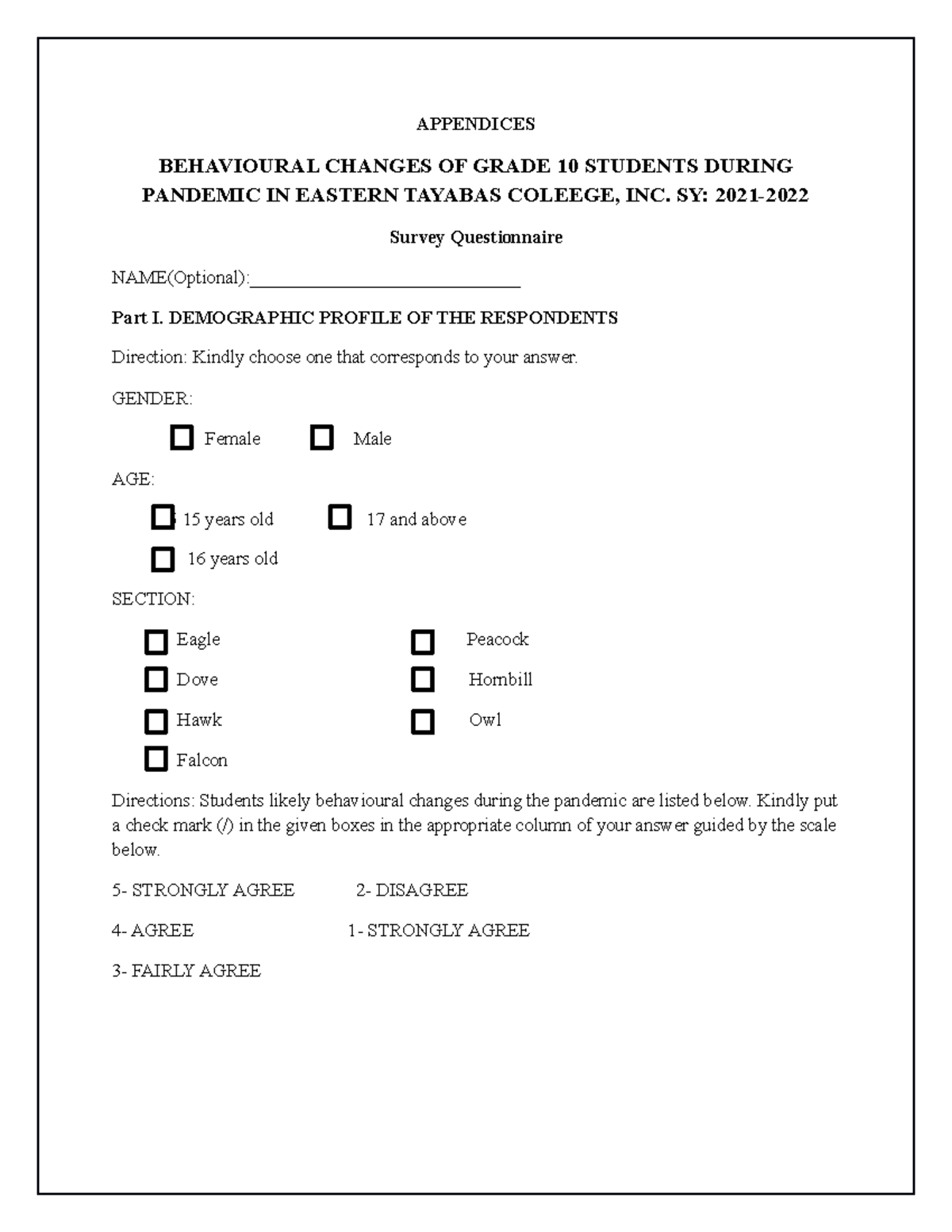 research questionnaire - APPENDICES BEHAVIOURAL CHANGES OF GRADE 10 ...