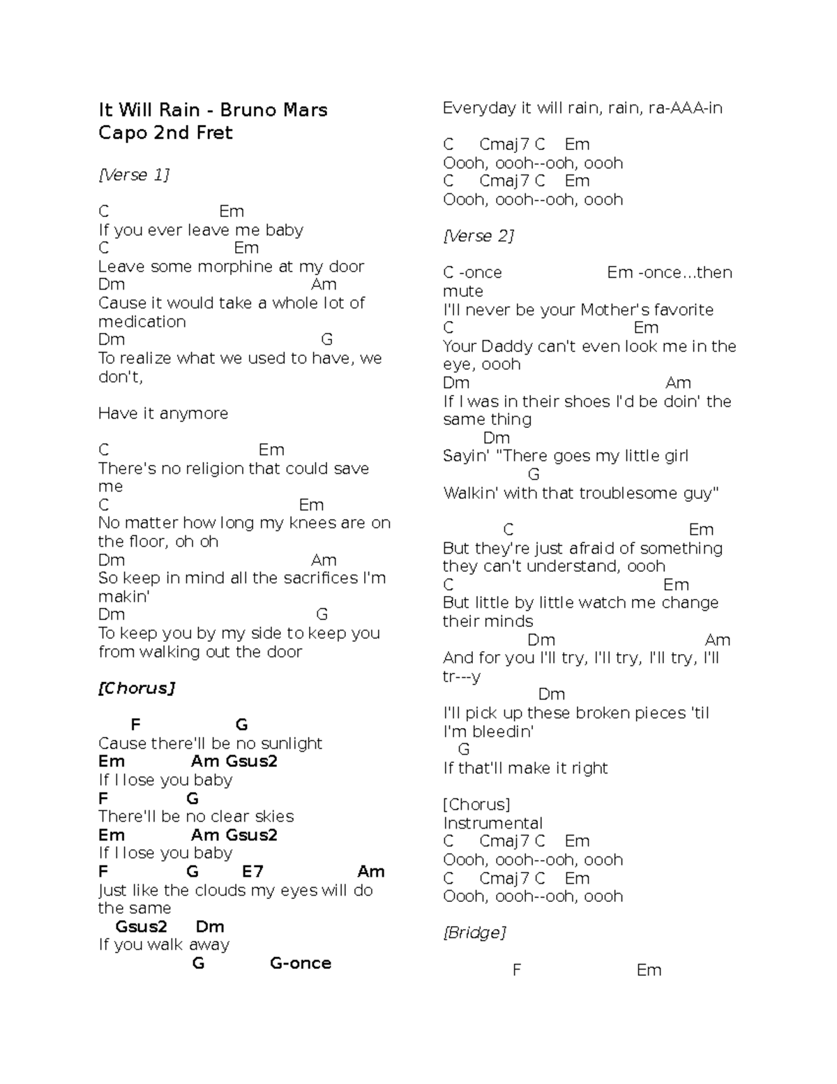 Bruno Mars - It Will Rain Lyrics (Capo 2nd Fret) - Studocu, image size:1200x1553
