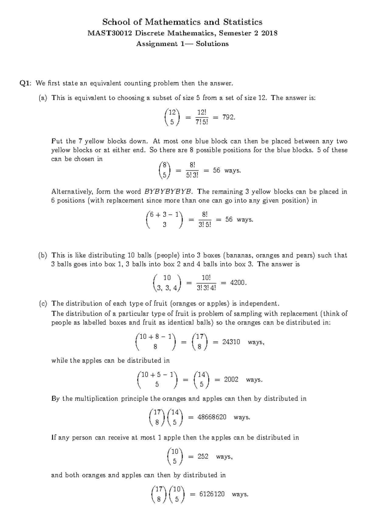 MAST30012 Discrete Mathematics Assignment 1 Detailed Solutions - Studocu