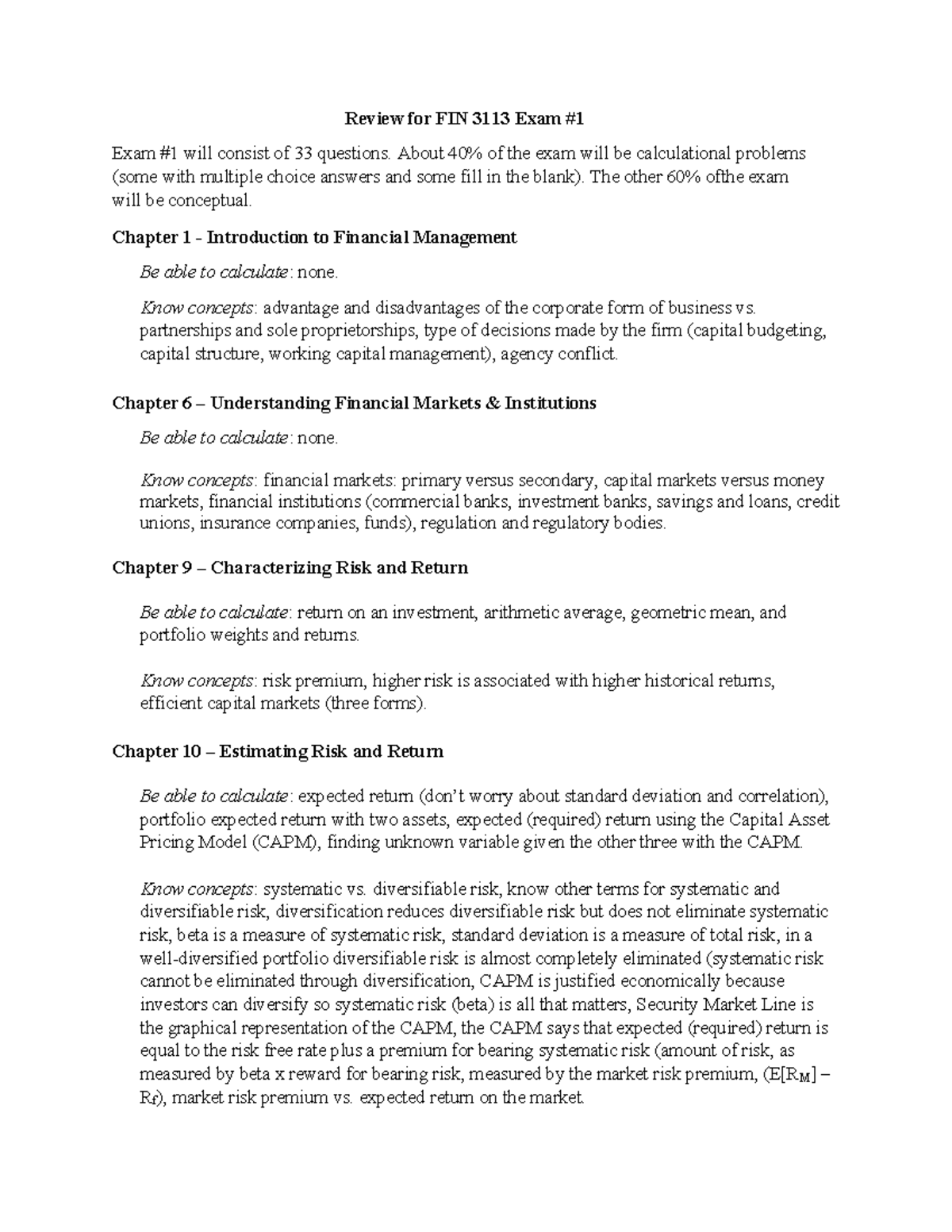 FIN 3113 Review Guide for Exam #1: Key Financial Management Concepts ...