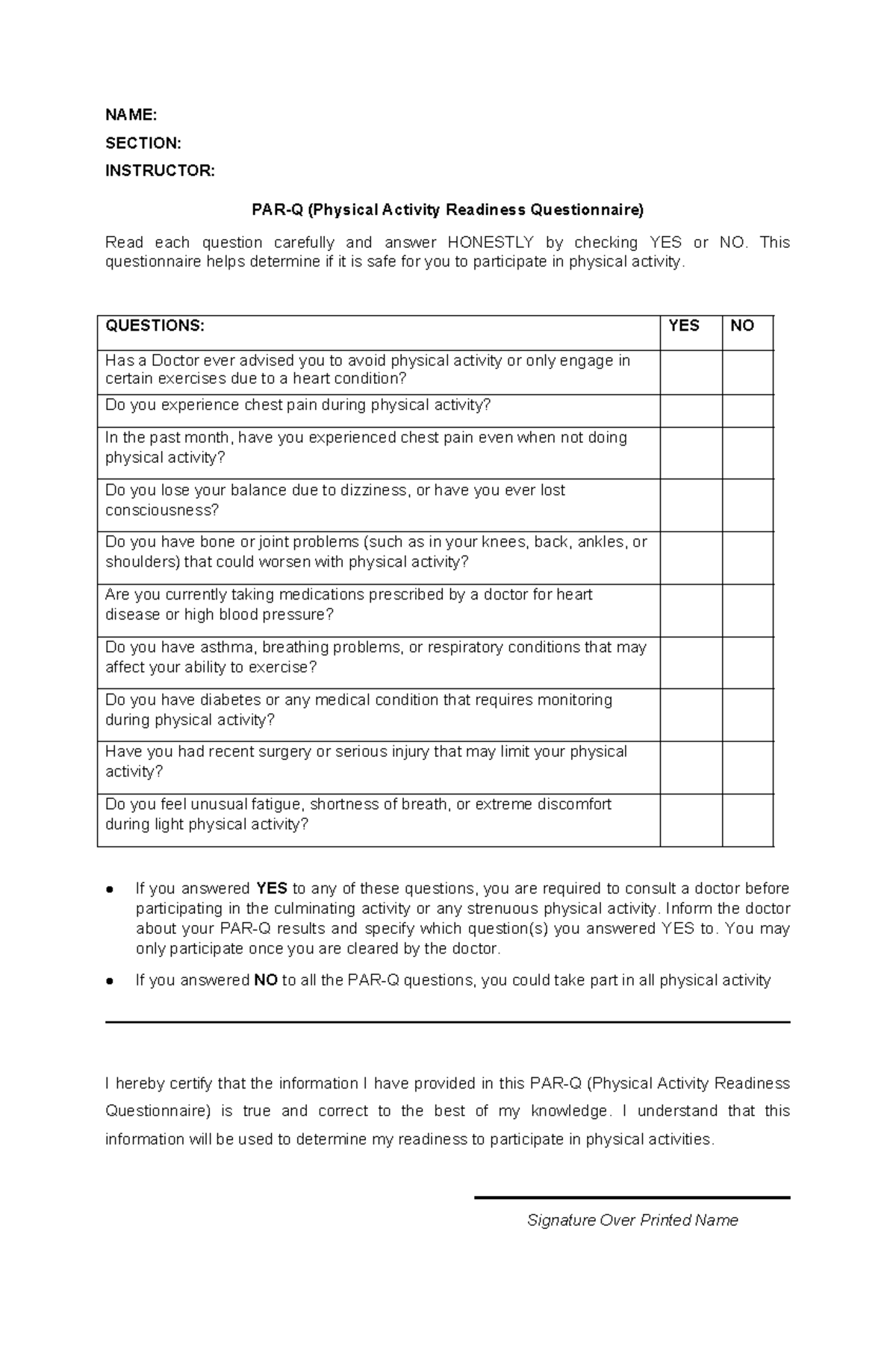PAR-Q-1: Physical Activity Readiness Questionnaire for Safety - Studocu