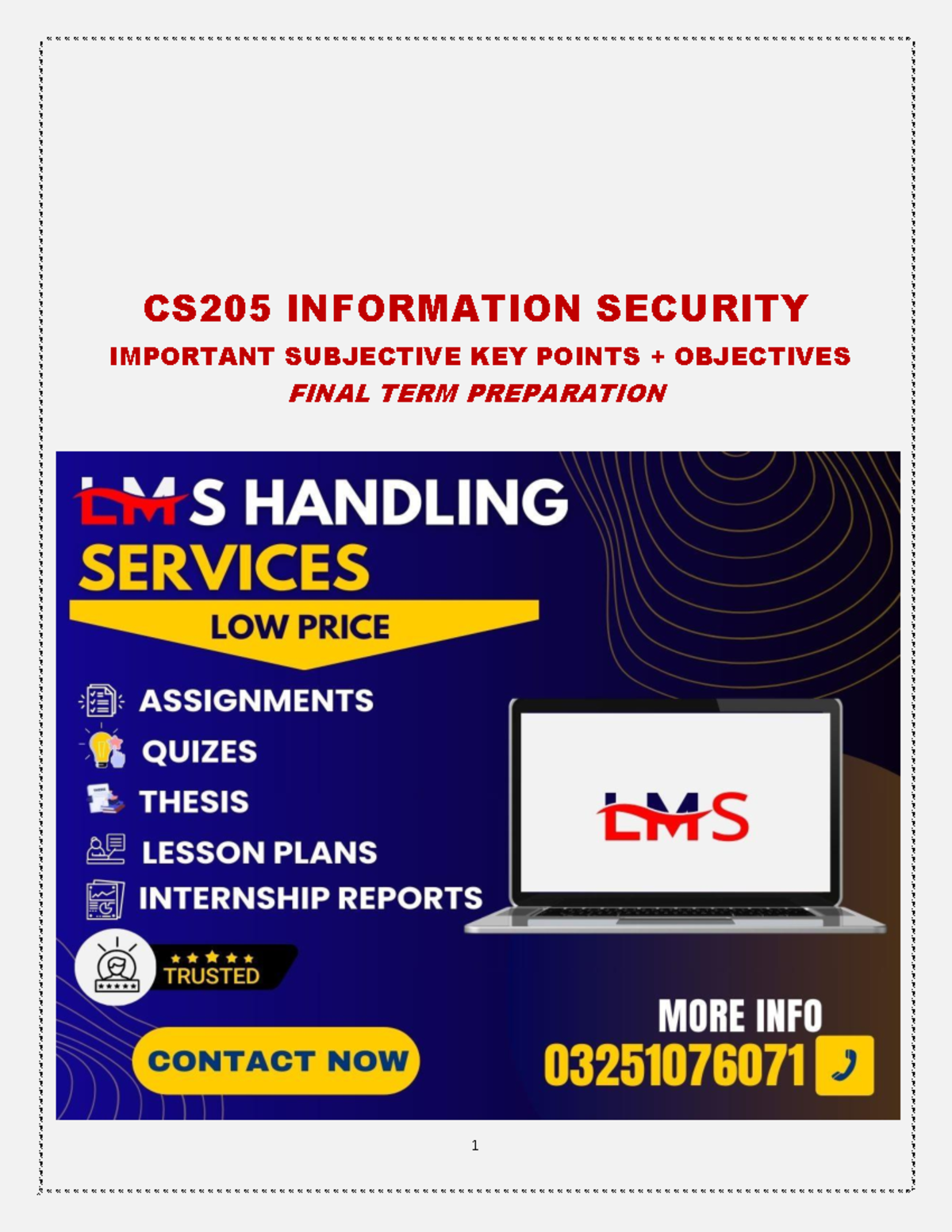 CS205 Final Term Study Notes on Information Security Concepts - Document Preview