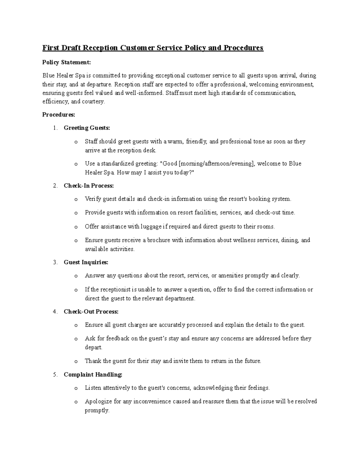 First Draft of Reception, Catering & Wellness Customer Service Policies ...