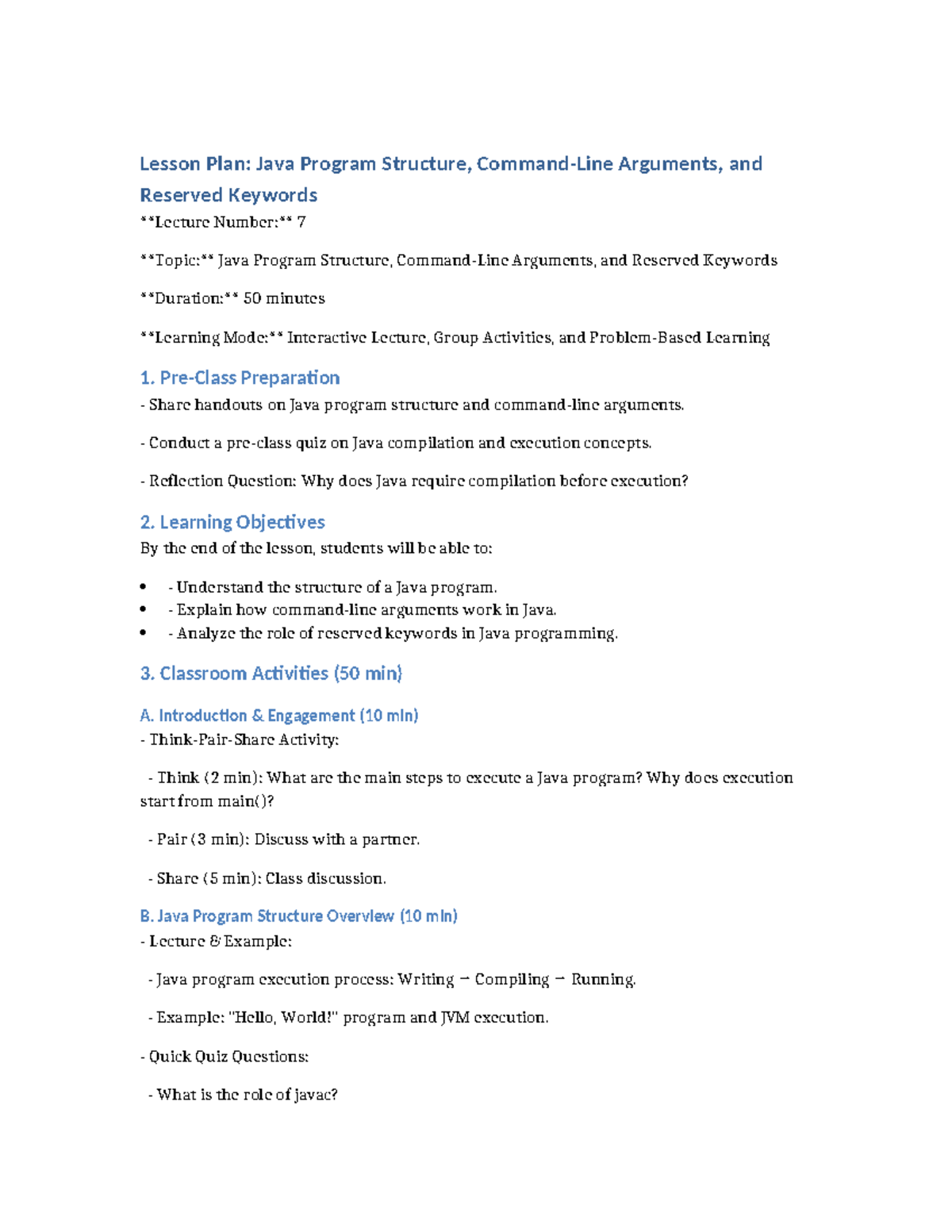 Lesson Plan 7: Java Program Structure & Keywords Overview - Studocu