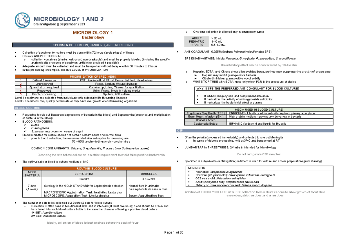 MTAP Microbiology 1 - Specimen Collection and Processing Notes - Studocu