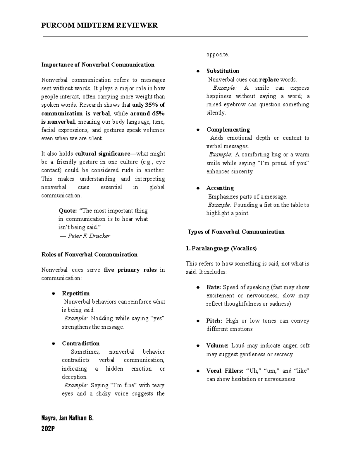 PURCOM MIDTERM REVIEWER: Key Insights on Nonverbal Communication - Studocu