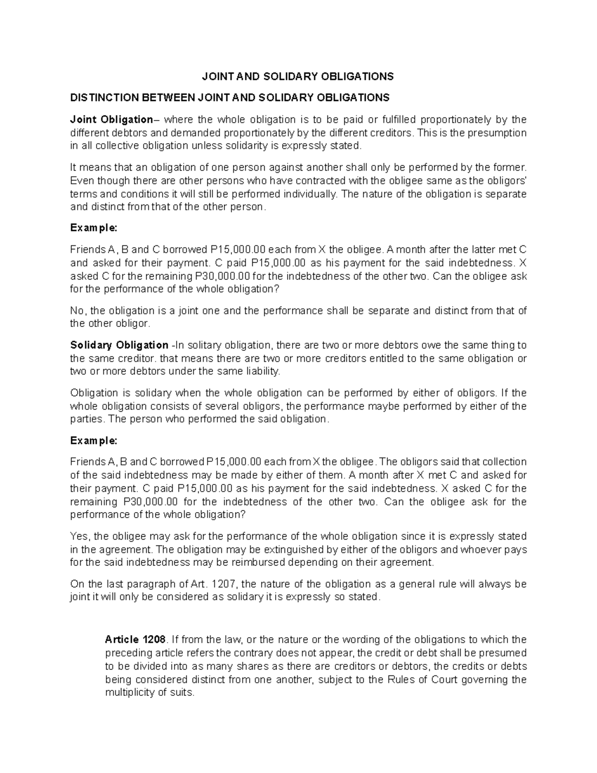Joint AND Solidary Obligations, Extinguishment - JOINT AND SOLIDARY ...