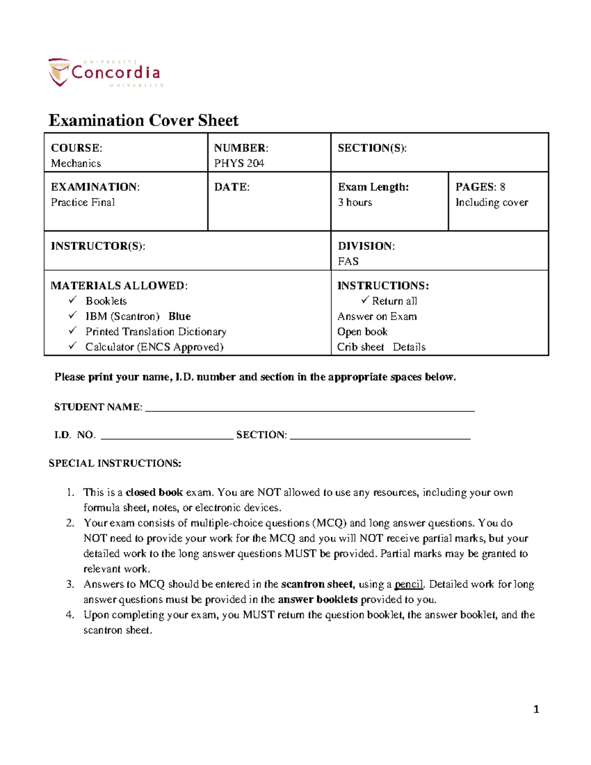 PHYS 204 - Practice Final Exam Cover Sheet (3 Hours) - Studocu