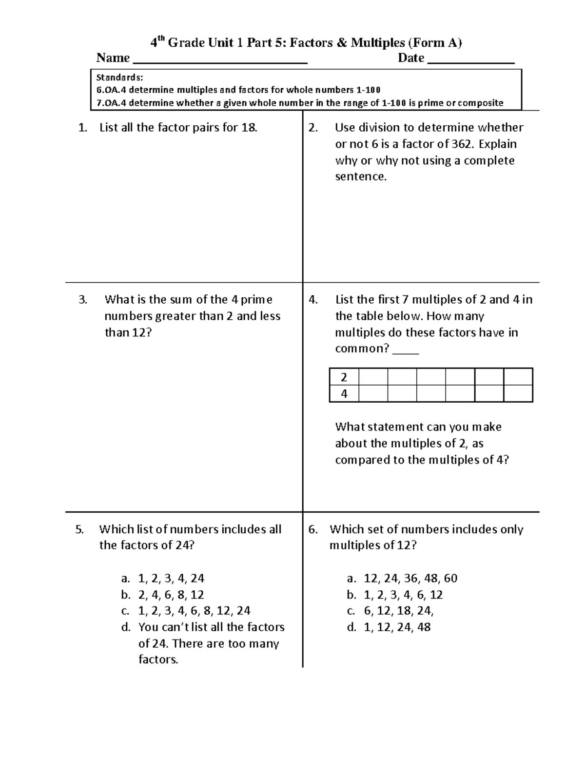 4th Grade Math Unit 1: Factors & Multiples (Form A) - Studocu
