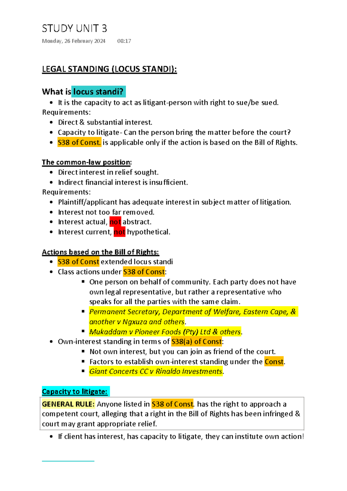 Legal Standing (Locus Standi) - Study Unit 3 Class Notes - Studocu