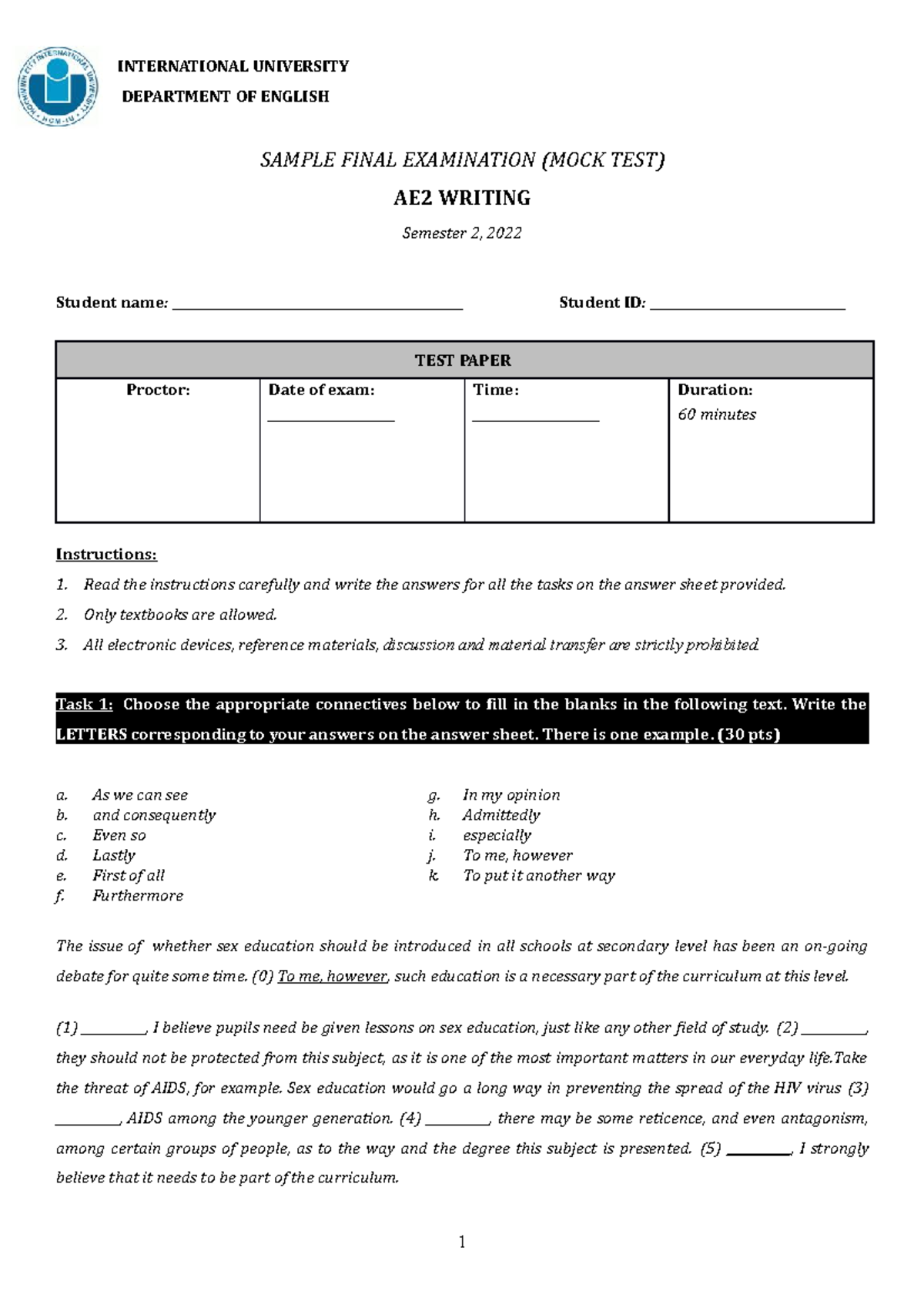 AE2 Writing - Final Exam Mock Test Sample Paper (Sem 2, 2022) - Studocu