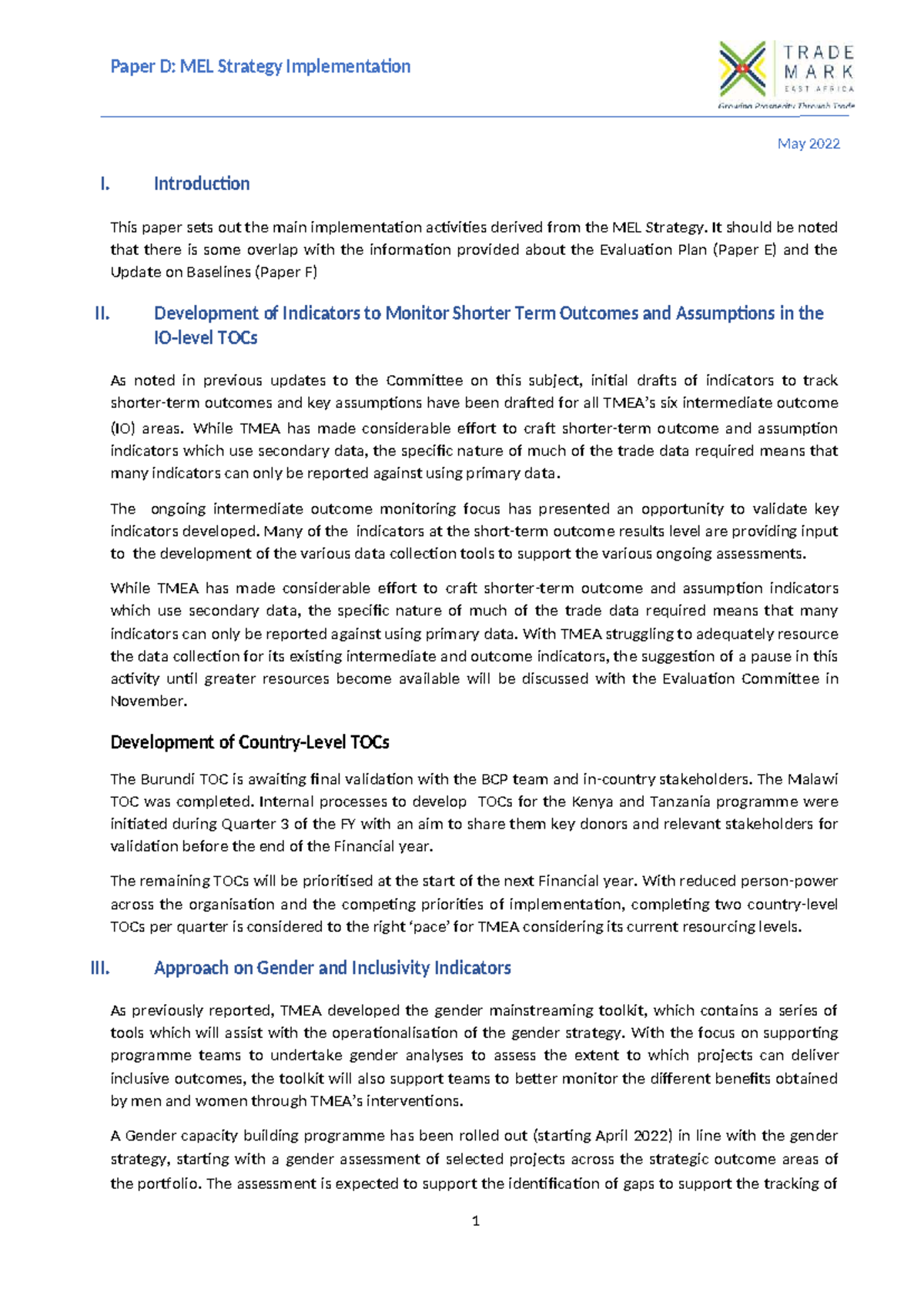 Paper D: MEL Strategy Implementation Overview - May 2022 - Studocu
