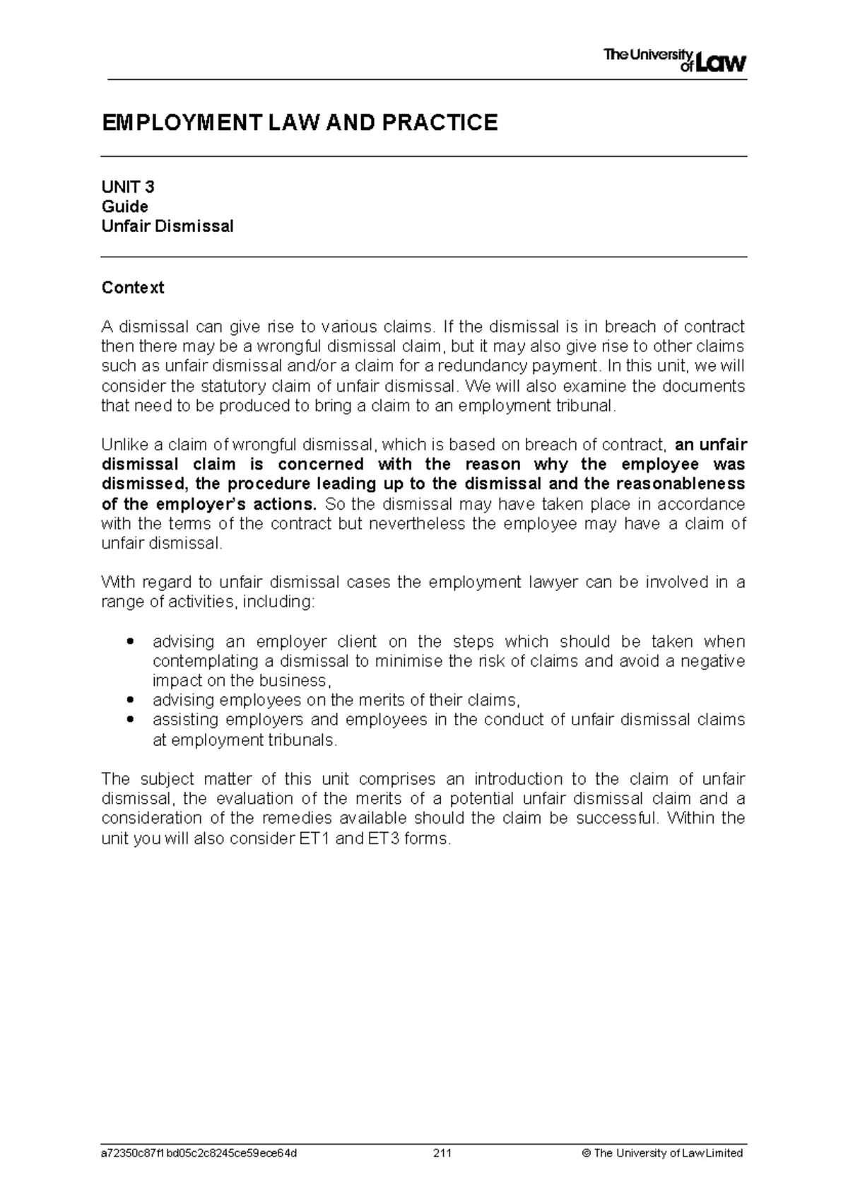 Unfair Dismissal Claims - Employment Law & Practice - Unit WS3 Guide ...