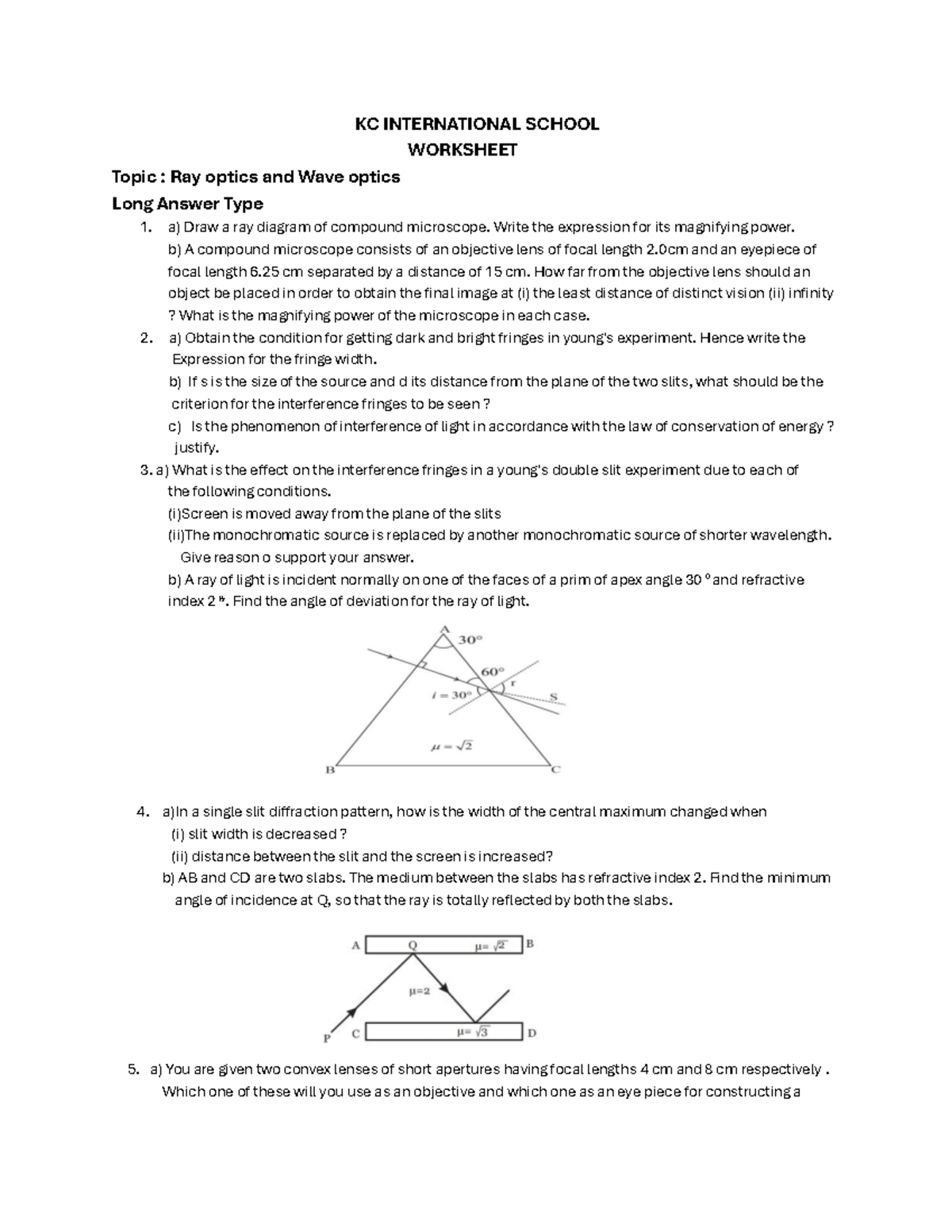KC INTERNATIONAL SCHOOL WORKSHEET: Ray & Wave Optics Analysis - Studocu