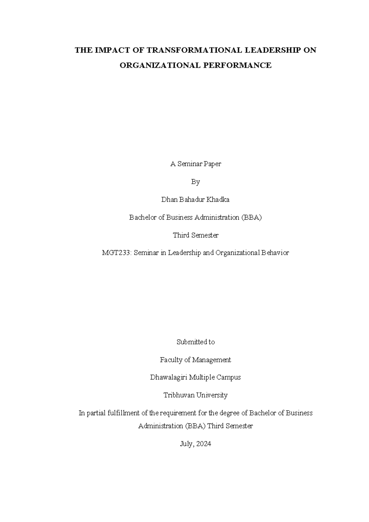 MGT233: Seminar Paper on Transformational Leadership's Impact on Org ...