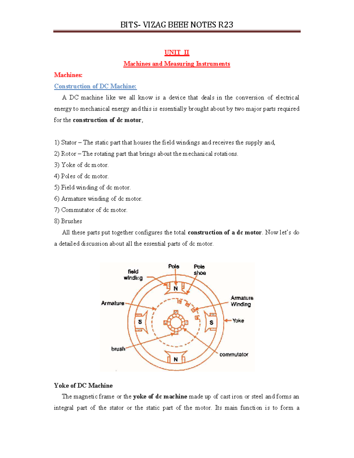 VIZAG NOTES R23 Unit II - DC and AC Machines Overview - Studocu