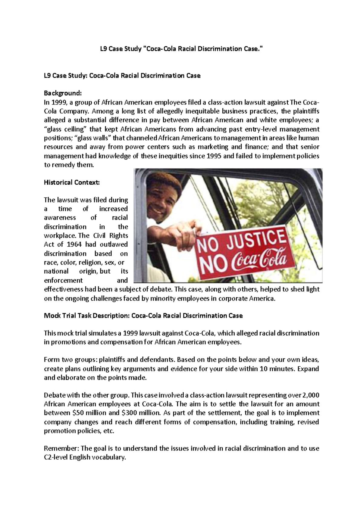 L9 Case Study: Mock Trial on Coca-Cola Racial Discrimination Issue ...