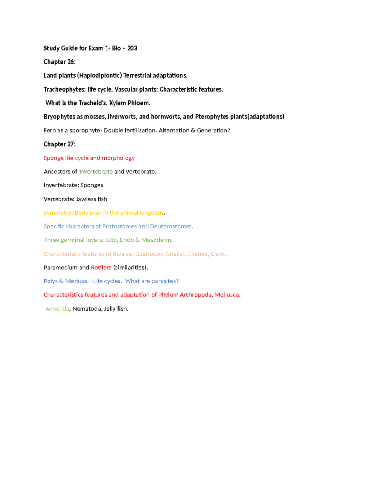 Study Guide for Exam 1 - Bio 203: Land Plants & Animal Life Cycles ...