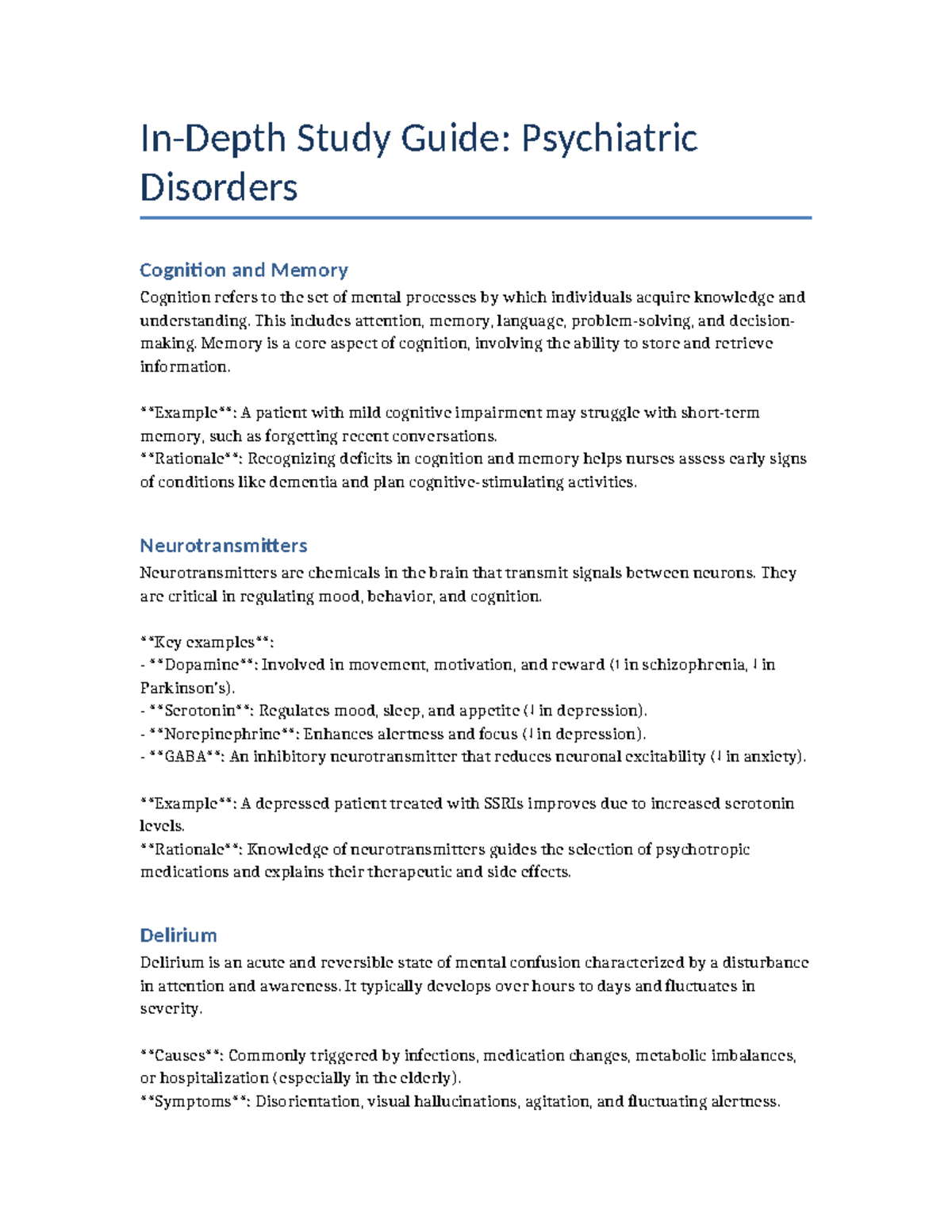 Refined Study Guide: Psychiatric Disorders & Cognition - Studocu