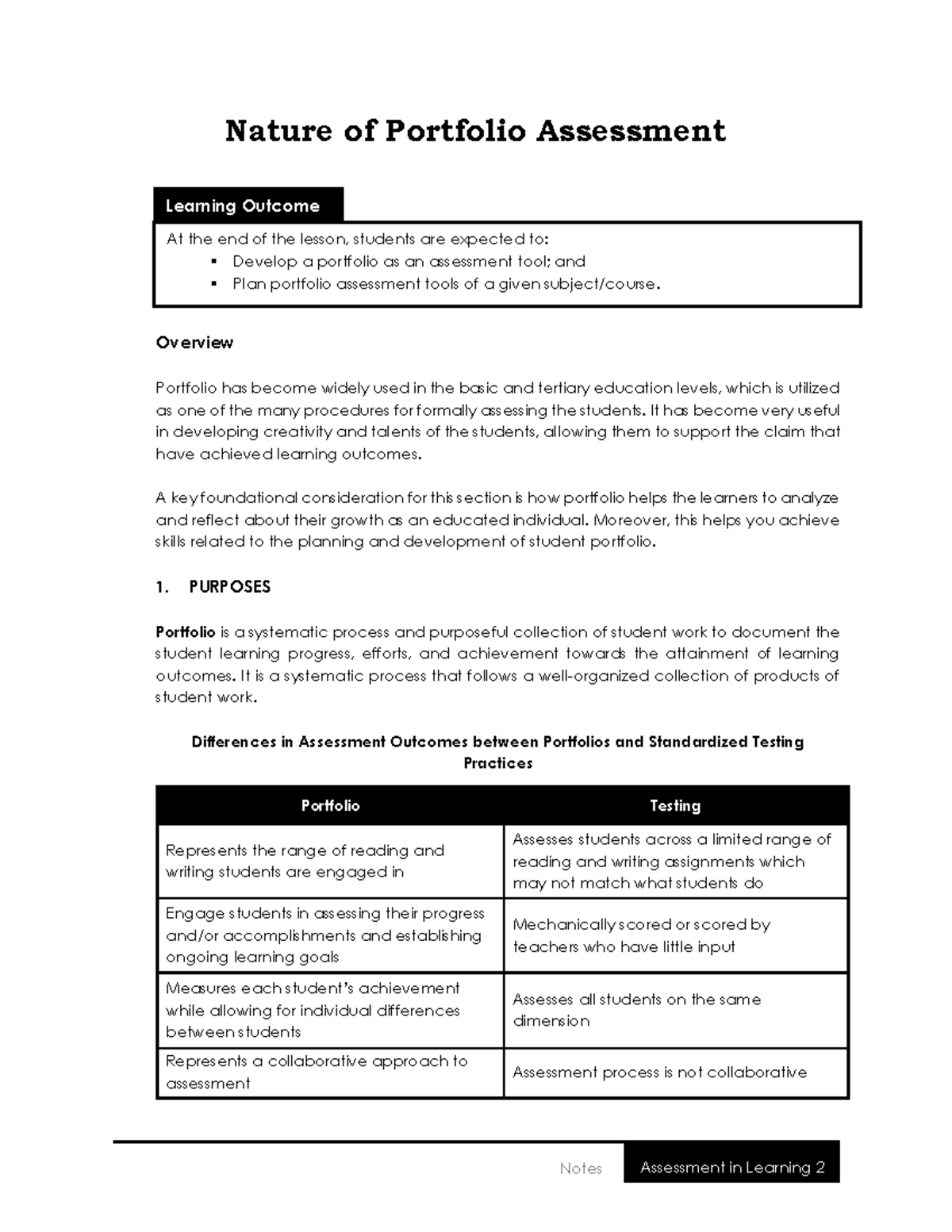 Nature of Portfolio Assessment Notes for ED-202: Understanding ...