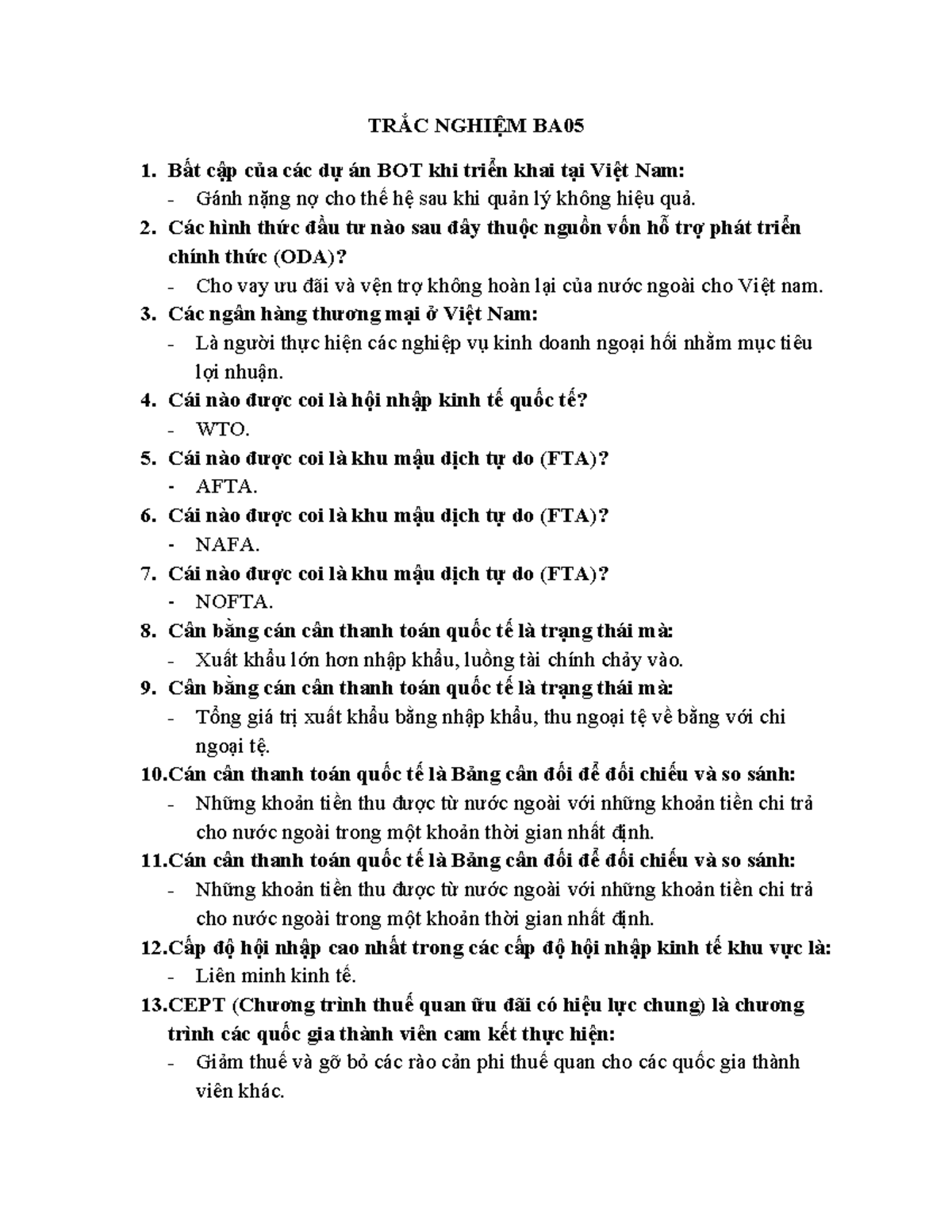 Trắc Nghiệm Ba05: Kiến Thức Kinh Tế Quốc Tế và Đầu Tư  - Document Preview