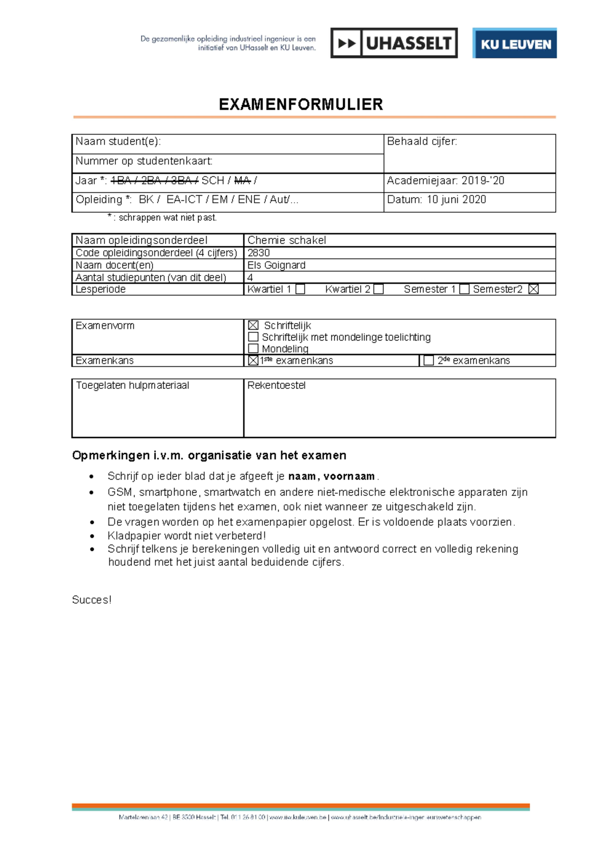Chemie Examen 10 Juni 2020 - Vragen en Antwoorden (Code 2830) - Document Preview