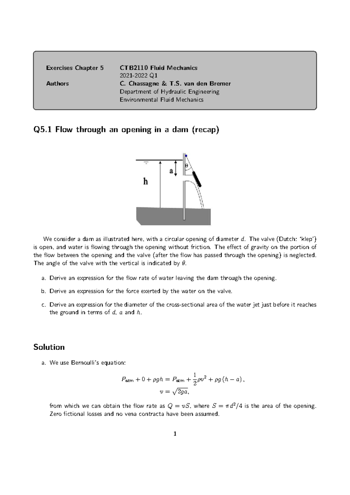 Chapter 5 Assignment Solutions CTB2110 Fluid Mechanics - Studeersnel