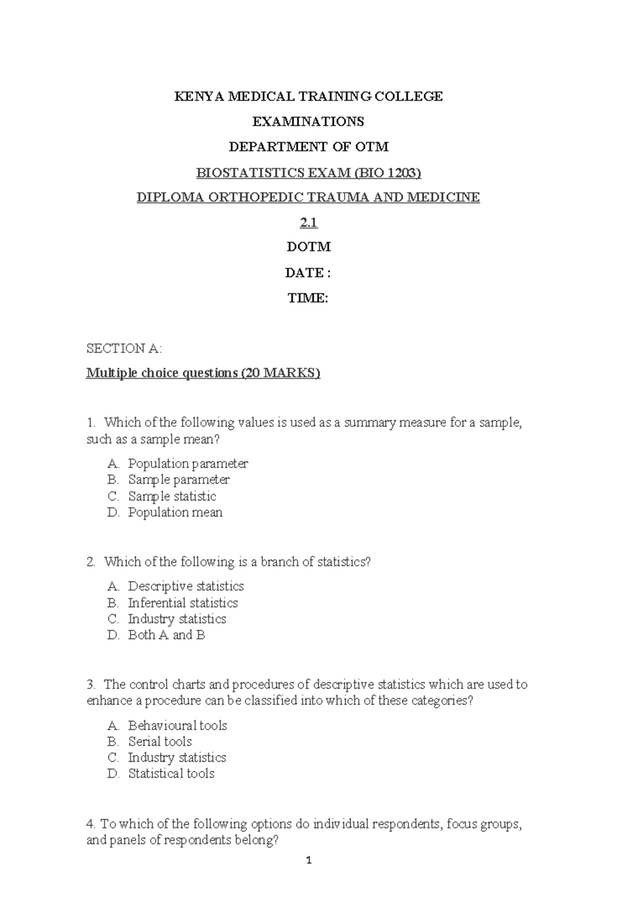 DOTM 2.1 M2022 Biostatistics Exam Questions and Marking Scheme - Studocu