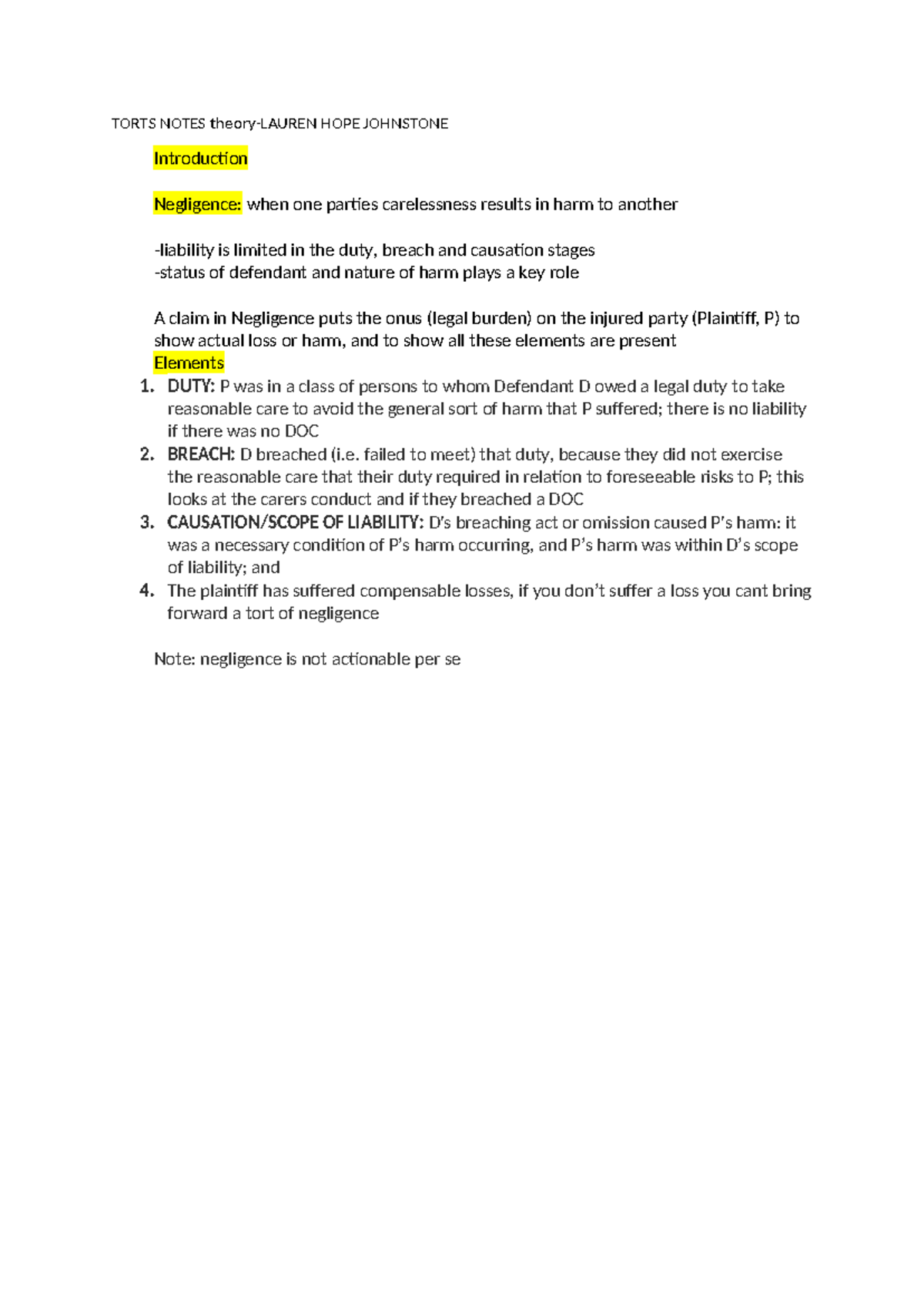 TORTS NOTES (LAW 101) - Understanding Negligence and Duty of Care - Studocu