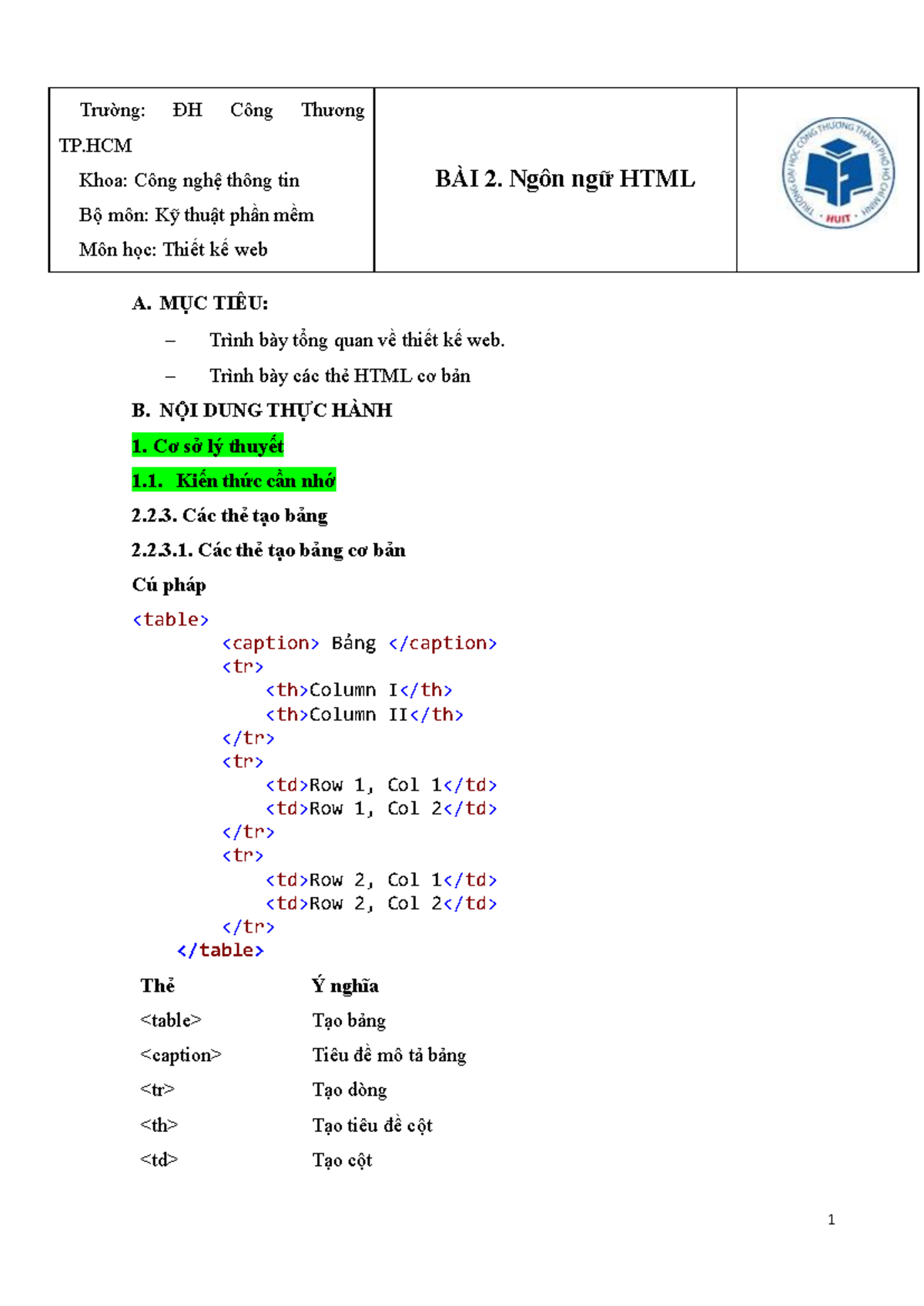 Bài 2: Ngôn ngữ HTML - Thiết kế Web (Môn TKW) - Studocu
