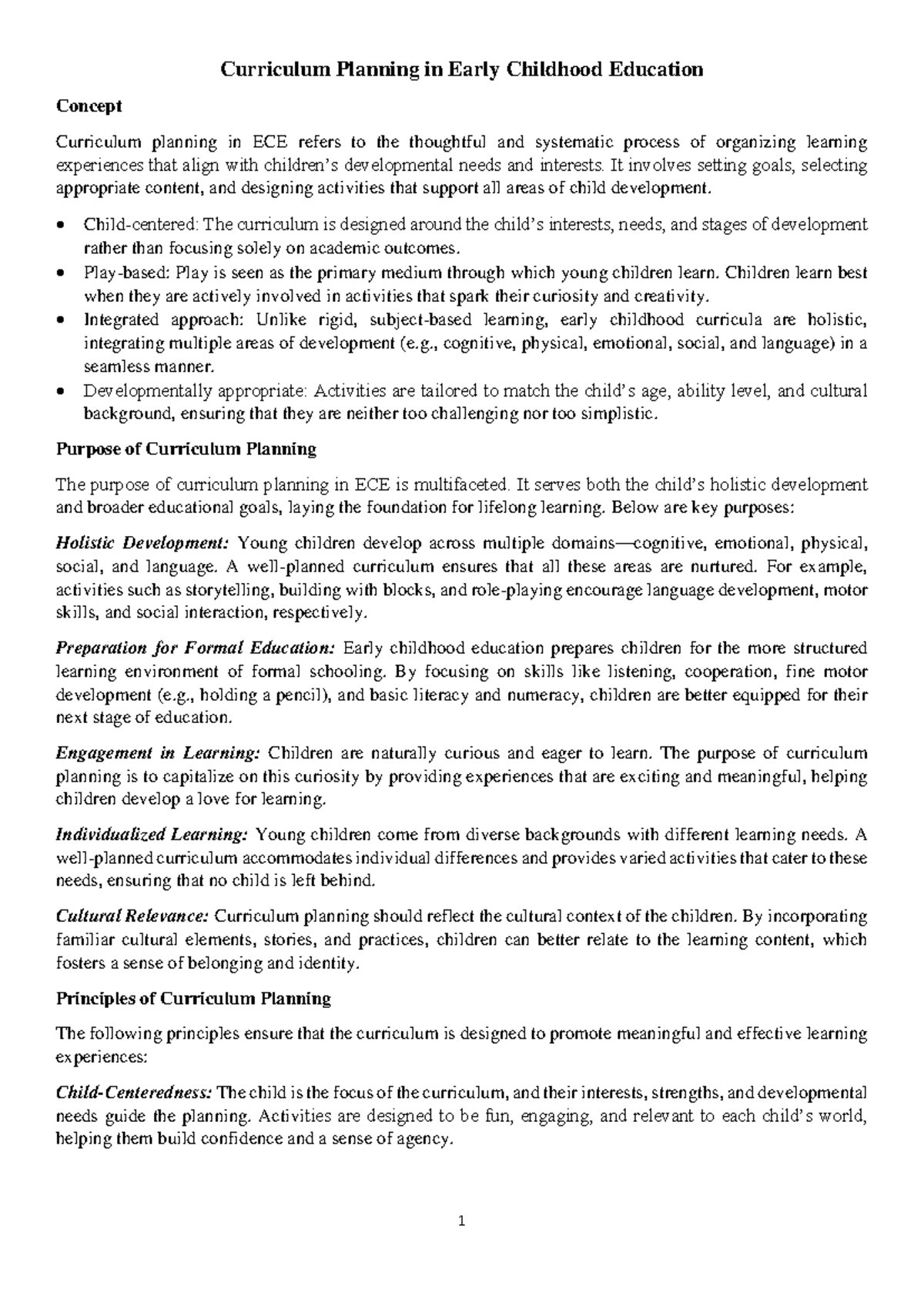 Curriculum Planning in ECE: Principles and Purpose for Development ...