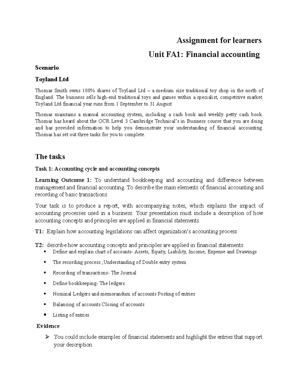 Final Project Assignment FA1: Financial Accounting for Toyland Ltd ...