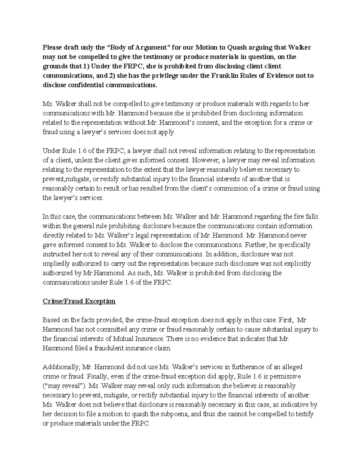 MPT: Body of Argument for Motion to Quash in In re Hammond - Studocu