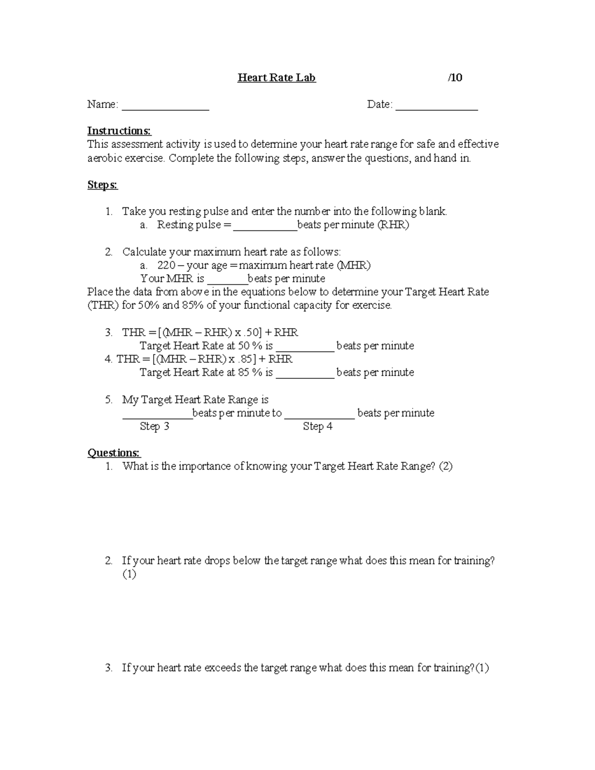 Heart Rate Lab Assessment: Calculating Target Heart Rate Range - Studocu