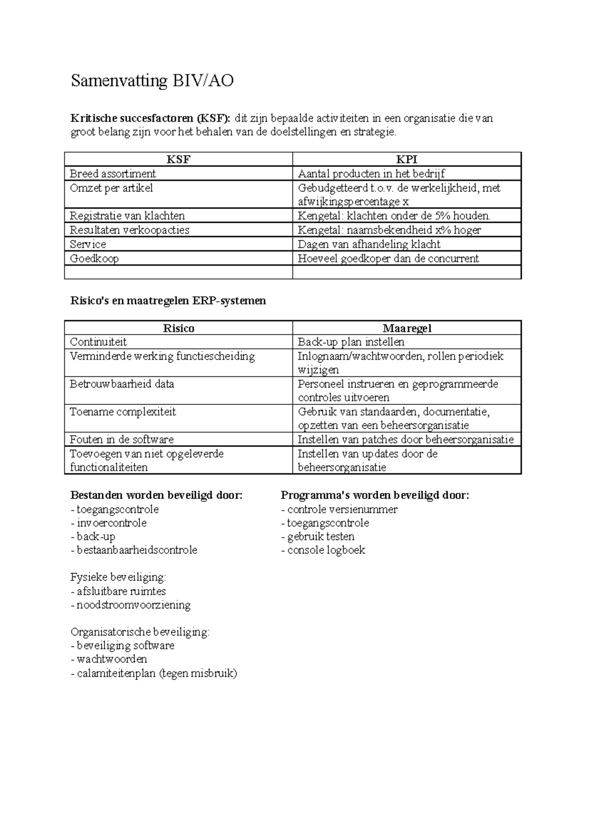 Samenvatting BIV/AO: Kritische Succesfactoren en Risico's Reductie ...