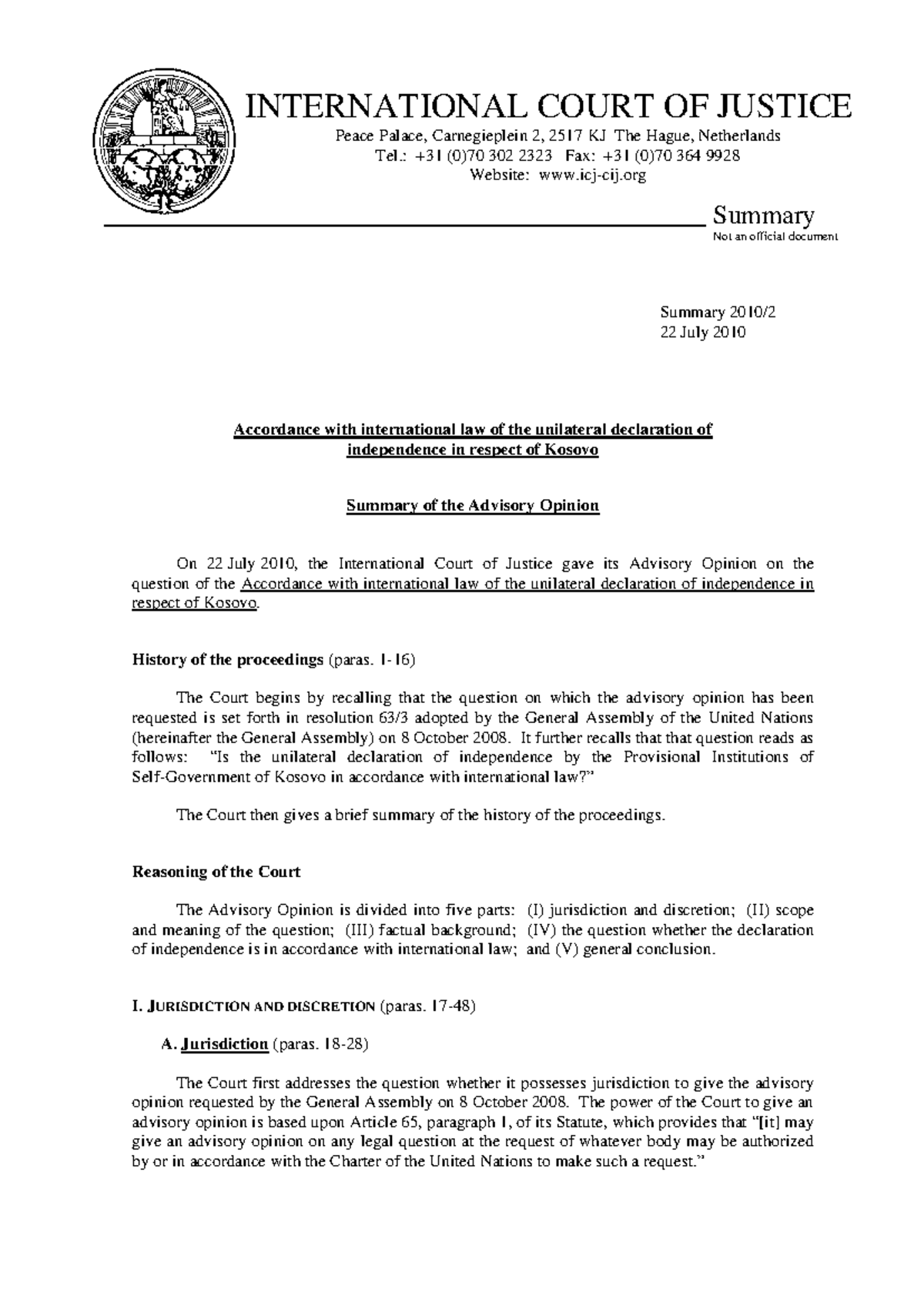 ICJ Advisory Opinion on Kosovo's Independence: Summary & Analysis - Studocu